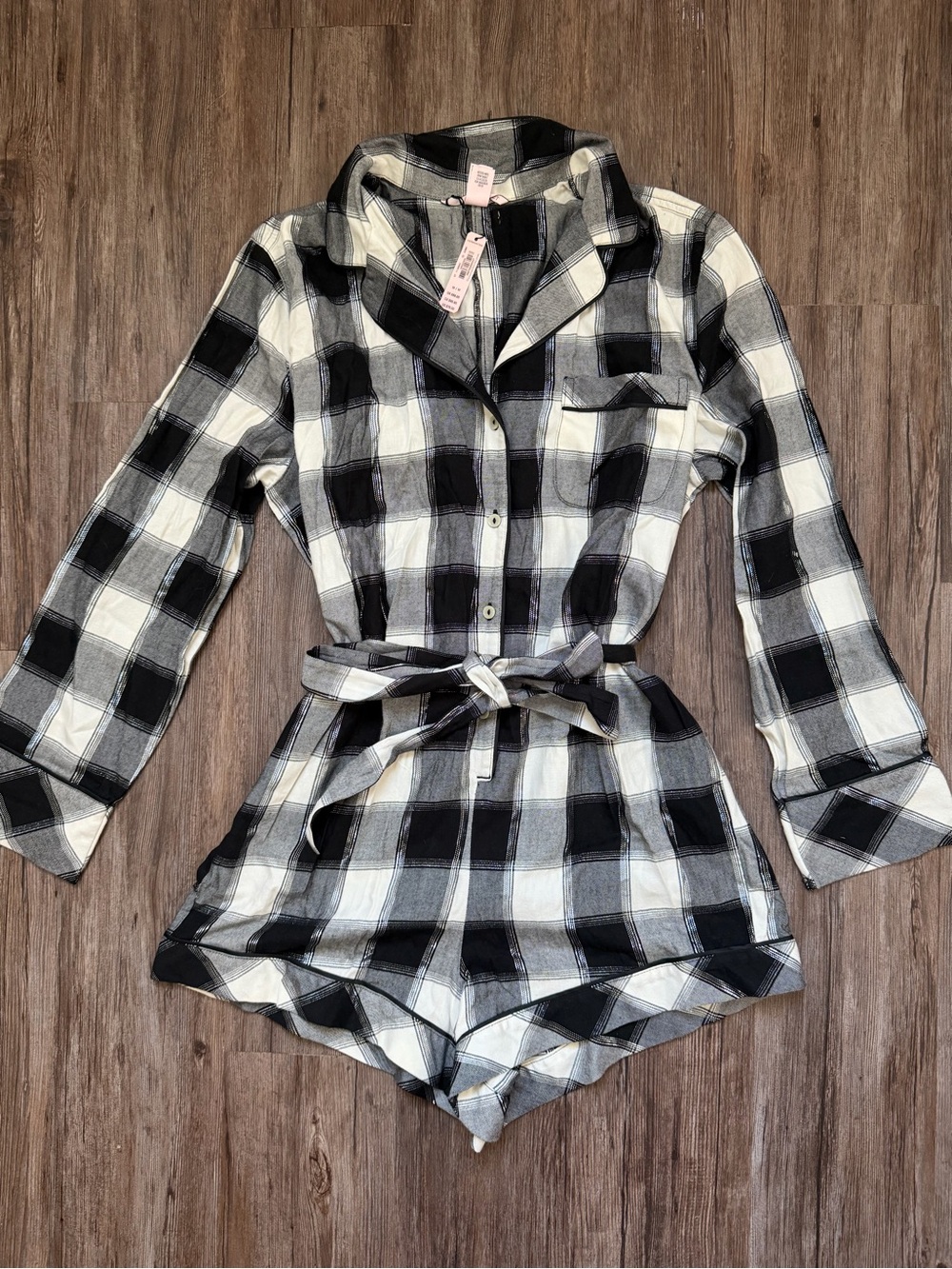 Victoria's Secret Black & White Plaid Long-Sleeve Romper Pajama